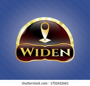 Golden emblem or badge with map pointer icon and Widen text inside