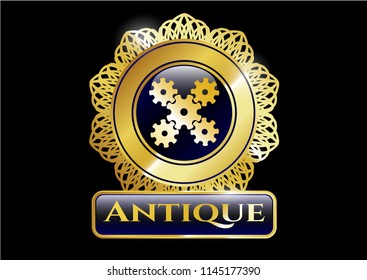  Golden emblem or badge with mechanism icon and Antique text inside