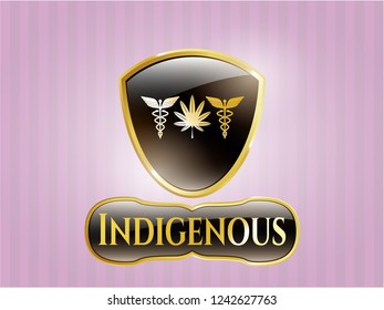  Golden emblem or badge with medicinal weed icon and Indigenous text inside