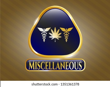  Golden emblem or badge with medicinal weed icon and Miscellaneous text inside