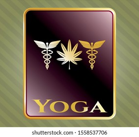  Golden emblem or badge with medicinal weed icon and Yoga text inside