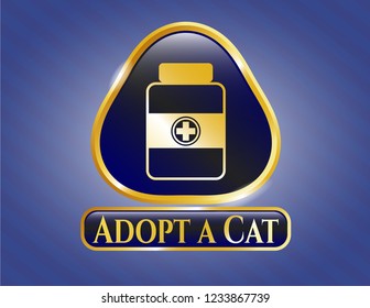  Golden emblem or badge with medicine bottle icon and Adopt a Cat text inside