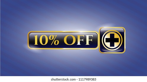  Golden emblem or badge with medicine icon and 10% Off text inside