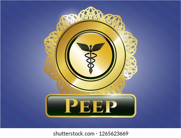  Golden emblem or badge with medicine icon and Peep text inside