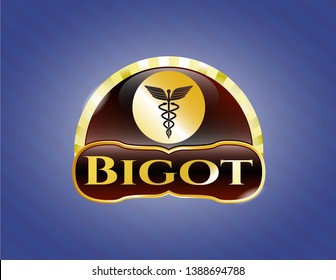  Golden emblem or badge with medicine icon and Bigot text inside