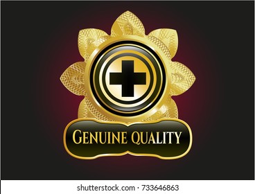  Golden emblem or badge with medicine icon and Genuine Quality text inside