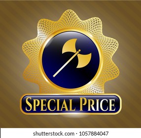  Golden emblem or badge with medieval axe icon and Special Price text inside