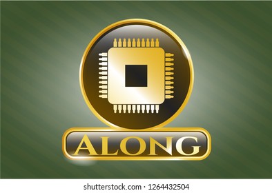  Golden emblem or badge with microchip, microprocessor icon and Along text inside