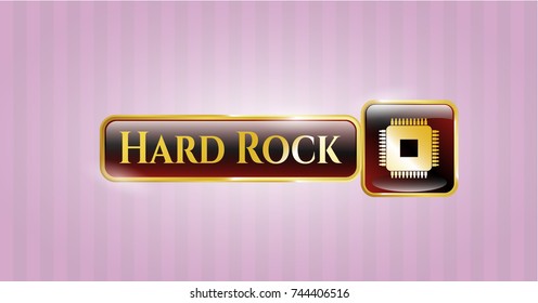  Golden emblem or badge with microchip, microprocessor icon and Hard Rock text inside