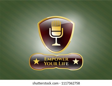  Golden emblem or badge with microphone icon and Empower Your Life text inside