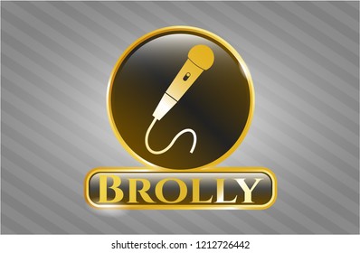  Golden emblem or badge with microphone icon and Brolly text inside