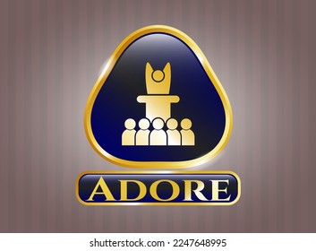 Golden emblem or badge with motivational speech icon and Adore text inside