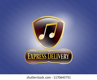  Golden emblem or badge with musical note icon and Express Delivery text inside