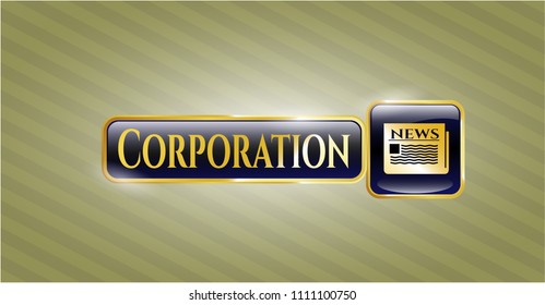  Golden emblem or badge with newspaper icon and Corporation text inside