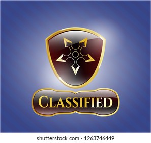  Golden emblem or badge with ninja star icon and Classified text inside