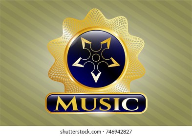  Golden emblem or badge with ninja star icon and Music text inside