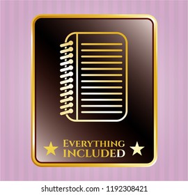  Golden emblem or badge with note book icon and Everything included text inside