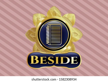  Golden emblem or badge with note book icon and Beside text inside