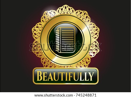  Golden emblem or badge with note book icon and Beautifully text inside