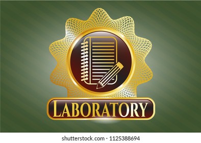  Golden emblem or badge with notebook with pencil icon and Laboratory text inside