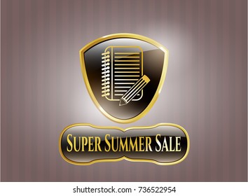  Golden emblem or badge with notebook with pencil icon and Super Summer Sale text inside