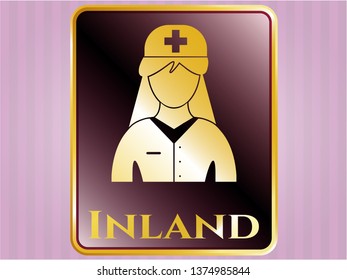  Golden emblem or badge with nurse icon and Inland text inside