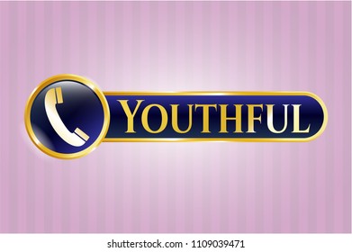   Golden emblem or badge with old phone icon and Youthful text inside