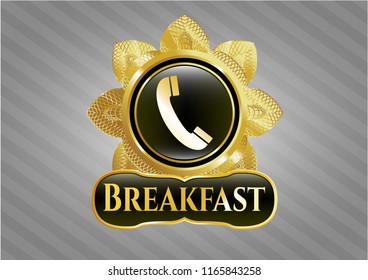  Golden emblem or badge with old phone icon and Breakfast text inside