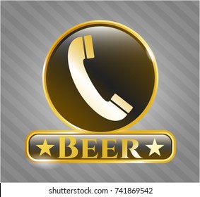  Golden emblem or badge with old phone icon and Beer text inside