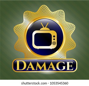  Golden emblem or badge with old tv, television icon and Damage text inside