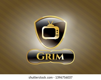  Golden emblem or badge with old tv, television icon and Grim text inside