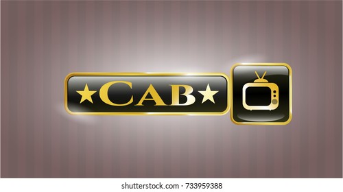  Golden emblem or badge with old tv, television icon and Cab text inside