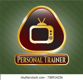  Golden emblem or badge with old tv, television icon and Personal Trainer text inside