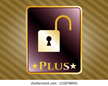  Golden emblem or badge with open lock icon and Plus text inside