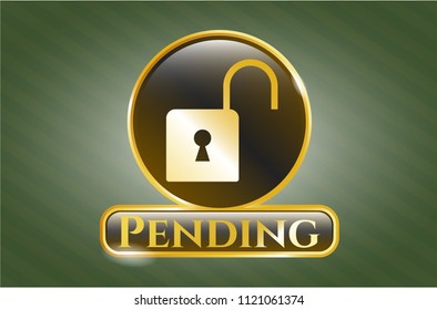  Golden emblem or badge with open lock icon and Pending text inside