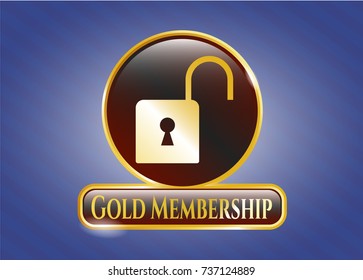  Golden emblem or badge with open lock icon and Gold Membership text inside