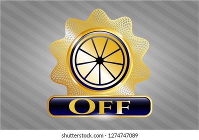  Golden emblem or badge with orange icon and Off text inside