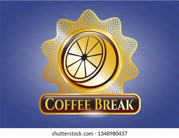  Golden emblem or badge with orange icon and Coffee Break text inside