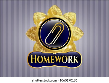  Golden emblem or badge with paper clip icon and Homework text inside