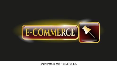  Golden emblem or badge with paper pin icon and e-commerce text inside