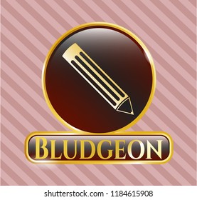  Golden emblem or badge with pencil icon and Bludgeon text inside