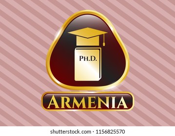  Golden emblem or badge with Phd thesis icon and Armenia text inside