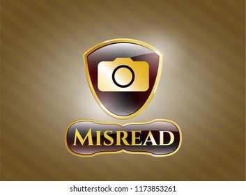 Golden emblem or badge with photo camera icon and Misread text inside