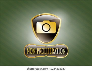  Golden emblem or badge with photo camera icon and Non-proliferation text inside