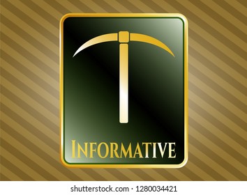  Golden emblem or badge with pickaxe icon and Informative text inside