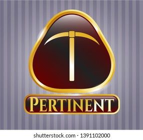  Golden emblem or badge with pickaxe icon and Pertinent text inside