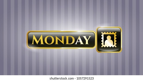  Golden emblem or badge with picture icon and Monday text inside
