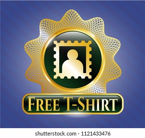  Golden emblem or badge with picture icon and Free T-Shirt text inside