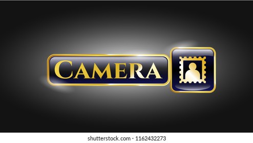  Golden emblem or badge with picture icon and Camera text inside