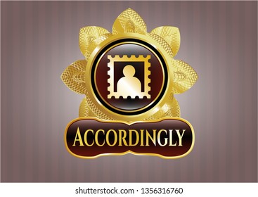  Golden emblem or badge with picture icon and Accordingly text inside